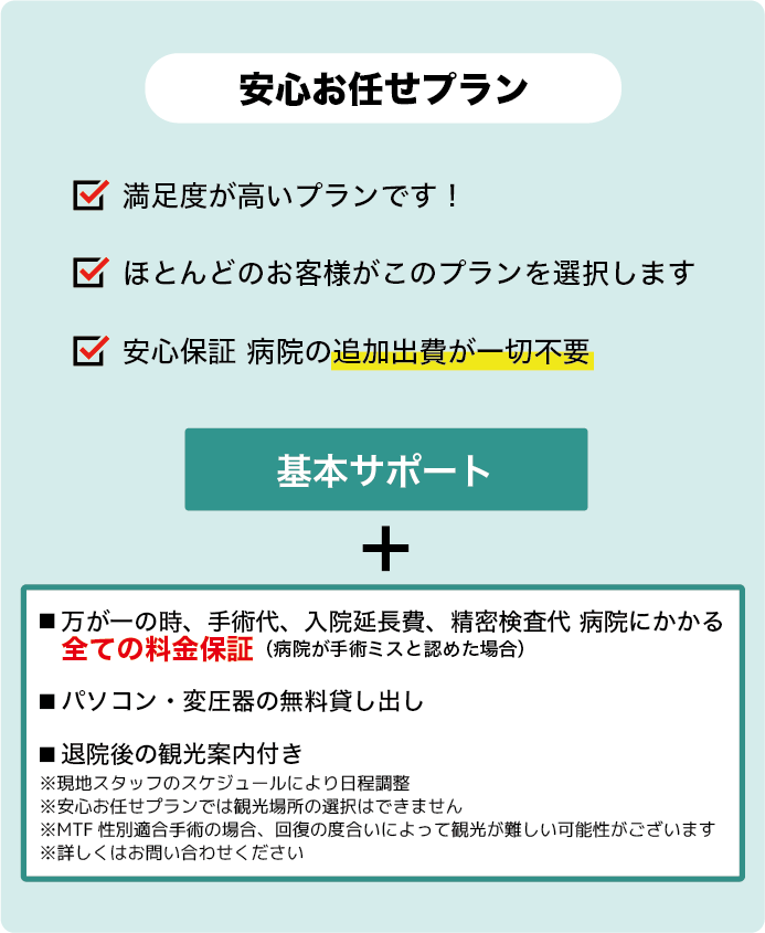 安心お任せプラン。ほとんどのお客様がこのプランです。病院の追加出費が不要で安心。退院後の観光案内付き。